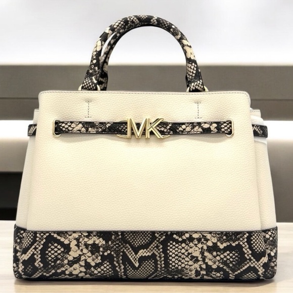 Michael Kors Large Reed CZ Belted Satchel Bag Light Cream Multi - Picture 1 of 12
